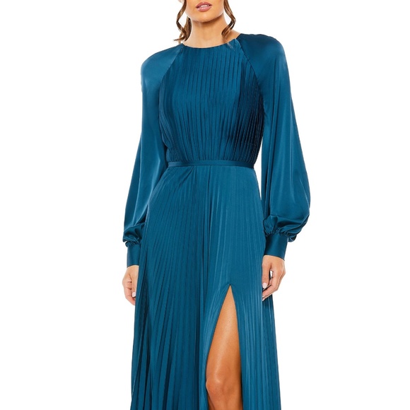 Pleated Long Sleeve Satin A-Line Gown Ieena for Mac Duggal